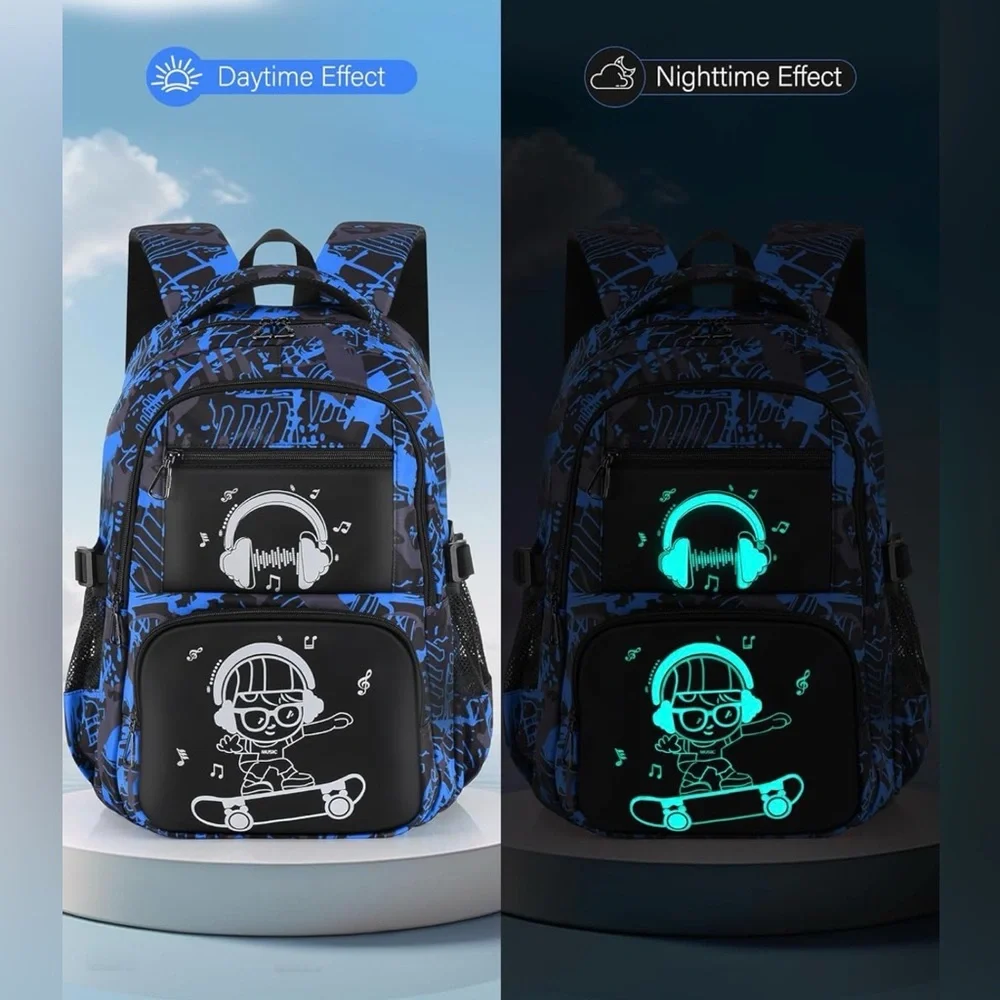 New Blue Glow-in-the-Dark Backpack School Book bag Travel Skate Bag Laptop